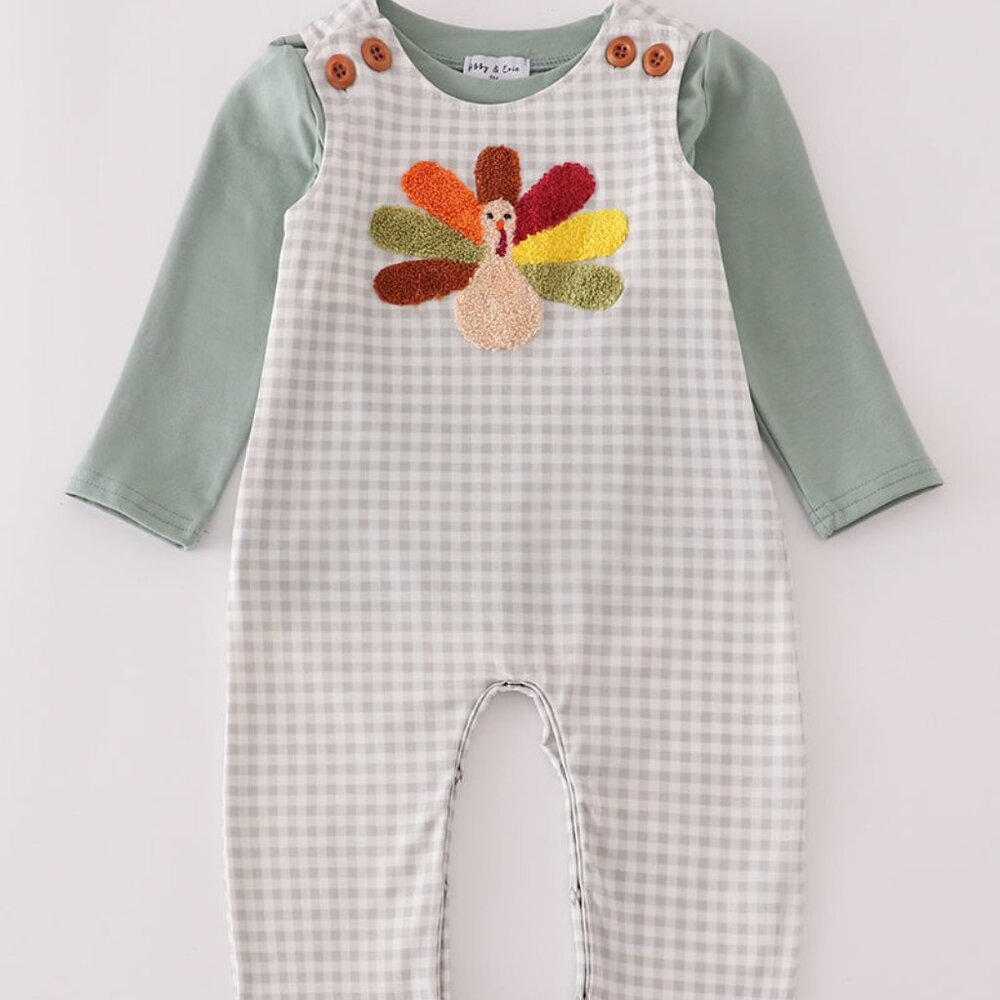 Abby and Evie Turkey French Knot Romper Set Sage Green